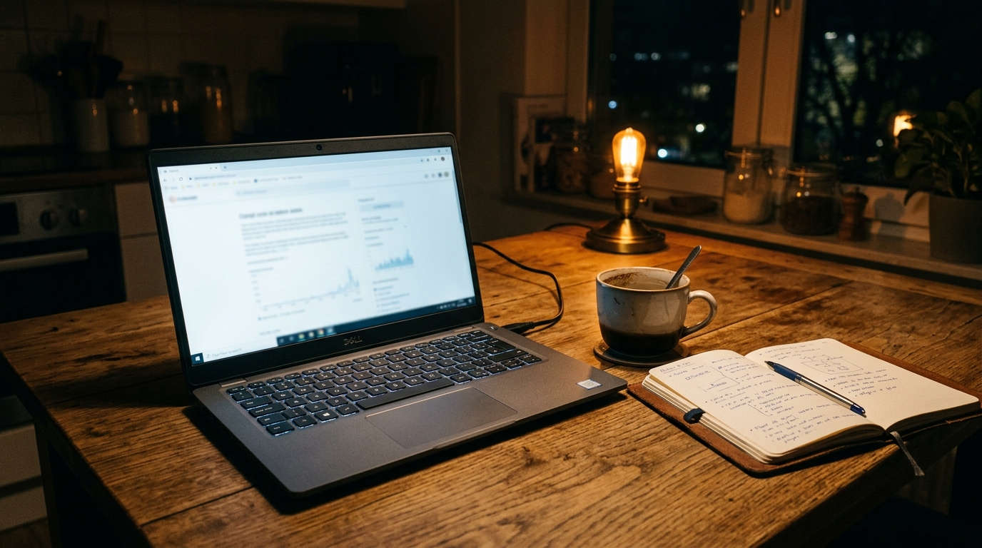 Refurbished laptop on a wooden kitchen table at night with glowing screen and notebook