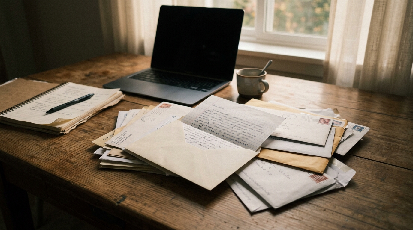 A stack of unopened and opened paper envelopes on a wooden desk with a laptop in the background