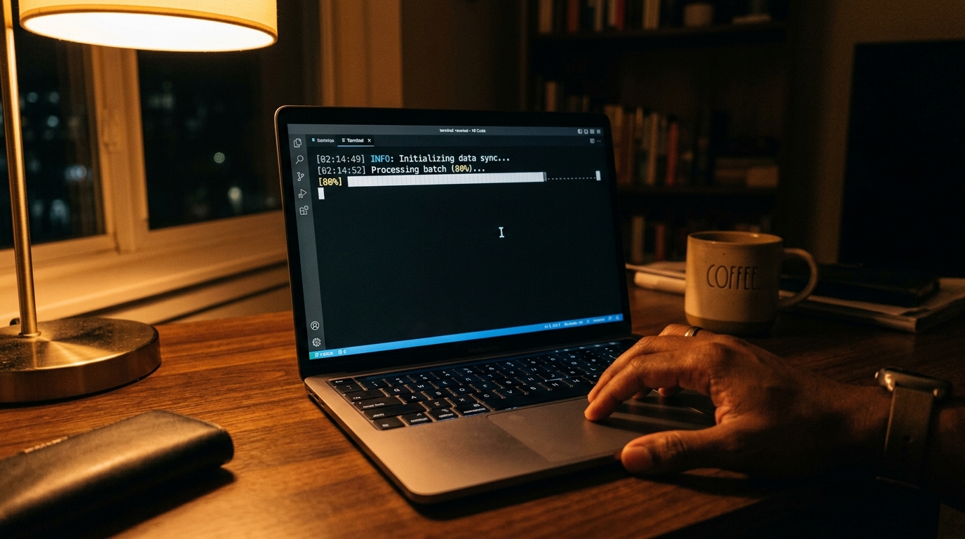 A laptop screen showing a dark terminal with a progress bar frozen at 80 percent and a hand on the trackpad