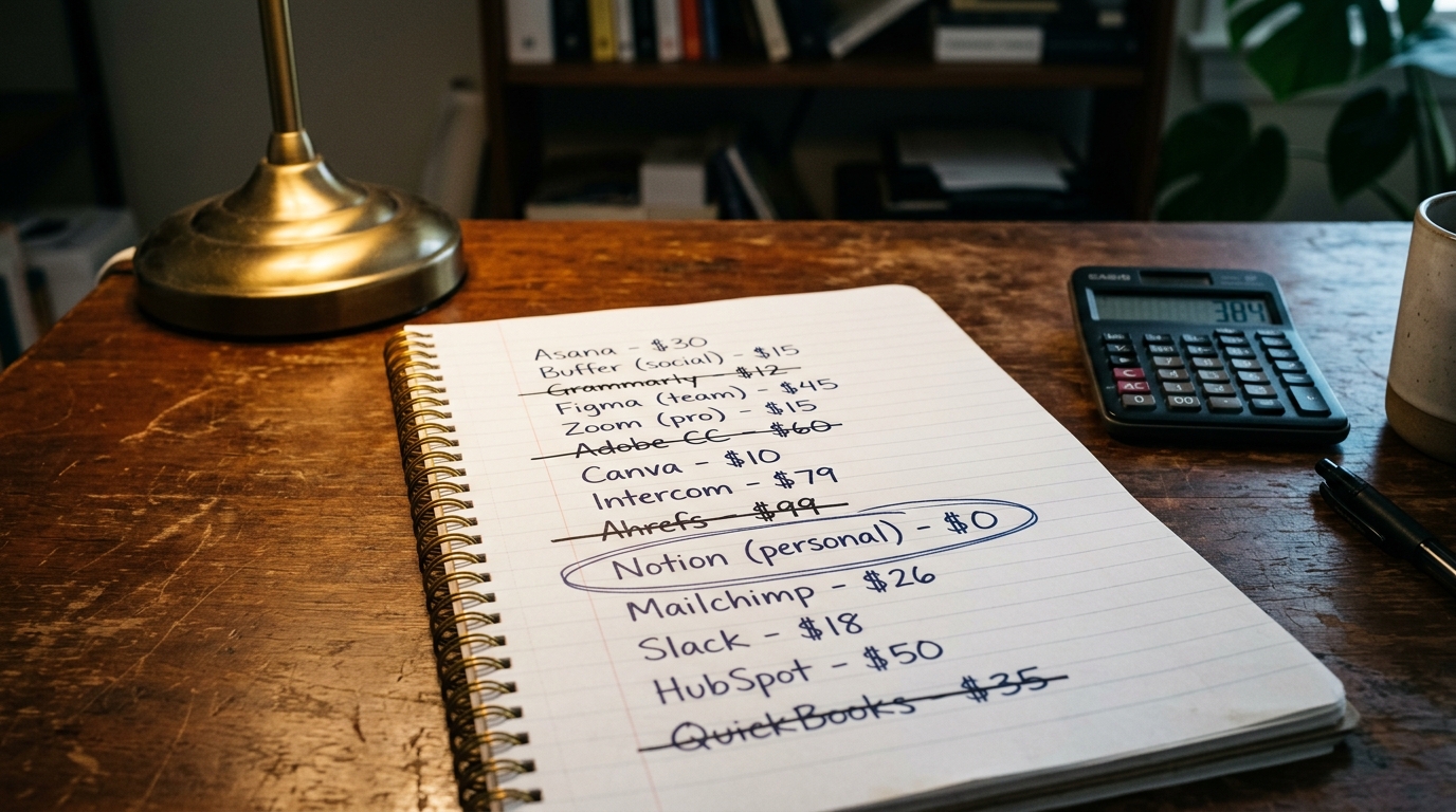 A notebook with software tool names and prices crossed out, with a $0 item circled beside a calculator