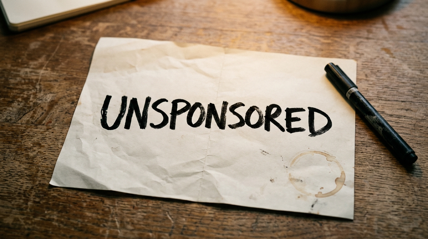 A single sheet of paper with UNSPONSORED handwritten in bold marker with coffee ring on desk